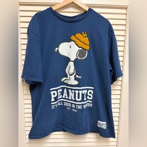 Peanuts Snoopy Mountain Club Mens XL Blue Graphic Shirt Woodstock Hat Lefties